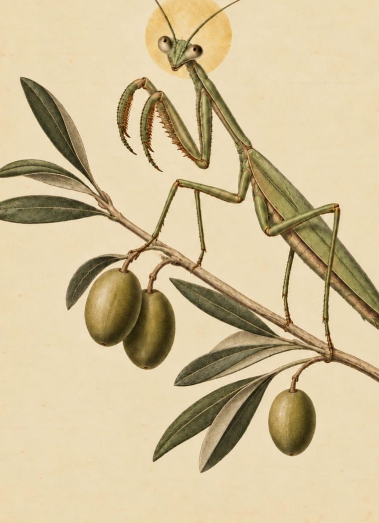 La mantide su un ramo d'olivo, illustrazione dell'etichetta SanRocco